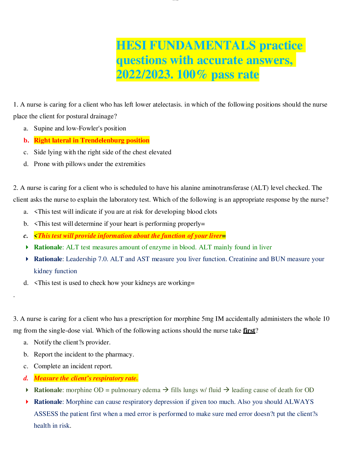 Preview image for HESI FUNDAMENTALS practice questions with accurate answers, 2022/2023. 100% pass rate